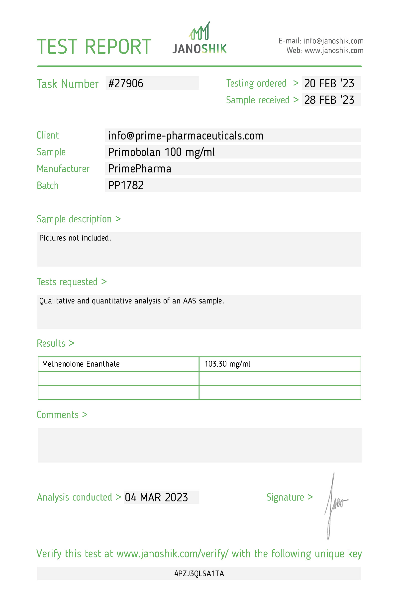 Prime Pharma Labtest Primobolan